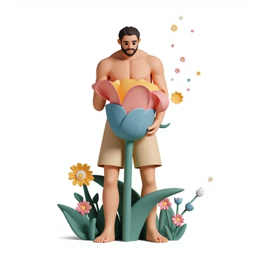 A tall titan, with muscular physique and a regal expression, is gently holding a colossal flower with vibrant petals that display shades of red, yellow, and blue. The titan's skin has a rugged texture, and he wears simple, earthy-toned clothing. He stands in a lush garden filled with various flowers and greenery. The titan's eyes are focused on the flower, conveying a sense of wonder and admiration. Surrounding him, colorful blossoms and lush leaves create a vibrant atmosphere, enhancing the scene's liveliness.