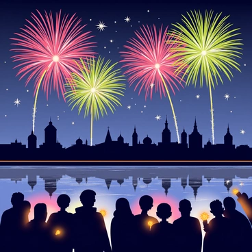 A vibrant fireworks display lights up the night sky over a Russian city's skyline. The fireworks burst into various shapes and colors, including bright reds, vivid greens, and sparkling golds. Silhouetted against the glowing sky are the distinctive features of the city’s architecture, including ornate domes and tall spires. Below, a crowd of people with upturned faces watches in awe, some holding sparklers. The scene captures a sense of celebration and excitement, with the reflections of the fireworks shimmering in a nearby river.