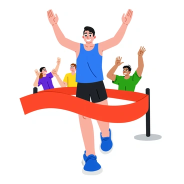 A runner with short black hair is breaking through a red finish line ribbon. The runner wears a bright blue tank top and black running shorts, showcasing a determined yet jubilant expression. Their arms are raised high in celebration, and a look of triumph is evident on their face. The background features cheering spectators, adding to the excitement of the moment. The scene is filled with vibrant colors, emphasizing the energy of the race and the runner's victory.