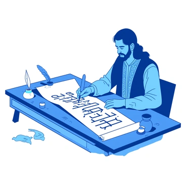 A blue Persian scribe is seated at a wooden desk, intently writing on a long, unrolled white scroll. The scribe is adorned in traditional garments with intricate patterns, and his long, dark hair is carefully tied back. He holds a fine feather quill in his right hand and is poised over the scroll, where elegant, ornate calligraphy is being formed with fluid strokes. Surrounding the scribe are various ink pots and parchment, adding to the workspace's scholarly atmosphere. The light casts gentle shadows, enhancing the details of the ornate patterns on the scribe's clothing and the graceful curves of the script on the scroll.