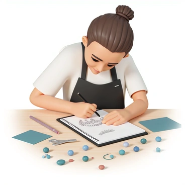A designer, wearing a black apron over a white shirt, is sitting at a wooden table. She is intently sketching a new tiara design in a notepad placed in front of her. The designer has brown hair tied back in a bun and is using a black pencil to create intricate patterns on the page. Surrounding her are various colorful gemstones in shades of blue, green, and red, scattered across the table. Several jewelry design tools, including pliers, tweezers, and cutting mats, are also visible. The atmosphere is focused and creative, reflecting the artistic process.