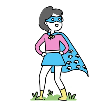 A girl standing proudly in a vibrant superhero costume, featuring a bright red and blue outfit. She is wearing a mask that covers her eyes, adding a playful touch to her appearance. Her handmade crochet cape, with intricate patterns in shades of blue and white, flows behind her as she poses confidently. The girl has shoulder-length hair, and her expression is joyful and determined, embodying the spirit of a superhero. She is standing in a park with green grass and a few trees in the background, highlighting her adventurous spirit.