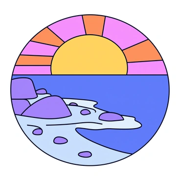 A vibrant sunrise fills the sky with shades of orange and pink. The sun is emerging from the horizon, casting warm light over the scene. In the foreground, a rocky coastline is visible, with jagged stones and smooth pebbles scattered along the shore. Gentle waves are lapping against the rocks, creating a soft foam at the water's edge. The ocean reflects the colors of the sky, enhancing the lively atmosphere of the moment.