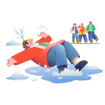 A person with light brown hair is sliding unexpectedly on a shiny patch of ice. Their arms are flailing in a humorous manner, creating a sense of motion and surprise. The person is wearing a red jacket and blue jeans. Their facial expression shows a mix of shock and amusement. In the background, there are patches of white snow and a few leafless trees. A small group of people in winter attire is watching the scene with amused expressions.