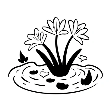 A cluster of tiger lilies with distinctive petals displayed on the surface of a pond. The water has gentle ripples radiating from the lilies, creating a textured effect on the pond's surface. Surrounding the lilies are various leaves floating alongside, adding to the natural composition. The overall scene captures the stillness of the pond, emphasizing the beauty of the flowers.