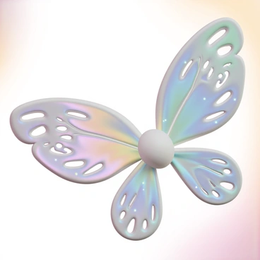 A close-up view of a tooth fairy's wings, showcasing their shimmering, iridescent colors. The wings are delicate and appear to reflect a spectrum of hues, including soft pastels and vibrant tones. Each wing is intricately designed with fine patterns resembling lace, giving a sense of fragility and elegance. Tiny specks of light dance across the surface of the wings, enhancing their magical appearance. The background is blurred, drawing focus to the stunning details of the wings, such as subtle veins and glimmers that suggest movement.