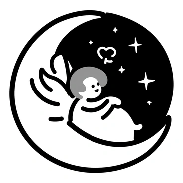 A simple outline of an angel, with delicate wings and a peaceful expression, is reclining on a crescent moon. The moon is shaped elegantly, with a gentle curve, positioned in the center of the composition. Surrounding the moon, there are small, simple stars scattered across a dark background, representing a night sky. The scene conveys a sense of tranquility, focusing on the angel and the crescent moon as the main elements.