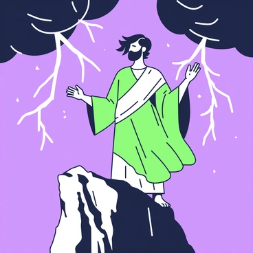 A prophet stands on a high rocky cliff, his long robe billowing in the strong winds of a dramatic thunderstorm. Dark clouds loom overhead, with flashes of bright lightning illuminating the scene intermittently. His arms are raised towards the sky, and his expression reflects deep concentration and spiritual insight. Raindrops cascade around him, creating a misty atmosphere. The rocky terrain beneath his feet is rugged and uneven. The prophet's hair is tousled by the wind, and the distant sound of thunder rumbles through the air, adding to the intensity of the moment.