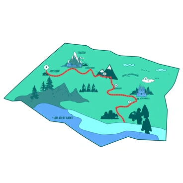 A teal travel map is laid out on a flat surface. The map features two distinct routes marked in contrasting colors. The first route, signifying the argument, is drawn in bright red and winds through various landmarks such as a tall mountain, a bustling city, and a serene lake. The second route, representing the counterargument, is marked in a vibrant blue and takes a path that passes by a historic castle, an expansive forest, and a small village. Each landmark is illustrated with small icons, and there are labels indicating their names and significance. The overall composition presents a balanced view of the two routes, showcasing the diverse landscapes they traverse.
