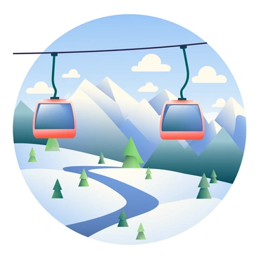 A ski lift cable car is suspended high above the ground, with a panoramic view of snowy mountains in the background. The mountains are covered in a thick layer of pristine white snow, glistening in the sunlight. In the distance, sharp mountain peaks rise, creating a dramatic skyline. The cable car has large windows that provide a clear view of the landscape. Below, a winding snow-covered path can be seen, dotted with small trees. The sky is a bright blue with a few fluffy white clouds, enhancing the serene atmosphere of the scene.