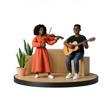 Two musicians are performing on a small stage. The first musician is a woman with long curly hair, wearing a vibrant red dress, playing a violin with focused concentration. The second musician is a man with short hair and glasses, dressed in a black shirt and jeans, strumming an acoustic guitar while smiling. They are positioned close to each other, sharing a moment of connection as they play, with soft stage lights illuminating them. In the background, there is a simple wooden backdrop with a few potted plants placed to enhance the intimate setting.