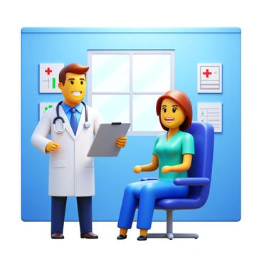A doctor wearing a white coat, with a stethoscope around their neck, is smiling and explaining a diagnosis. The doctor stands next to an examination table where a patient is seated. The examination room has medical posters on the walls and a small chart on a clipboard held by the doctor. The patient, appearing attentive, has a look of curiosity while listening to the doctor. Natural light is coming through a window, illuminating the room.