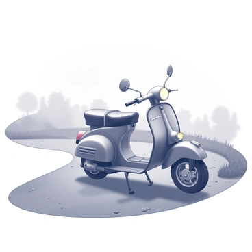 An old moped emerging from a thick morning fog on a winding road