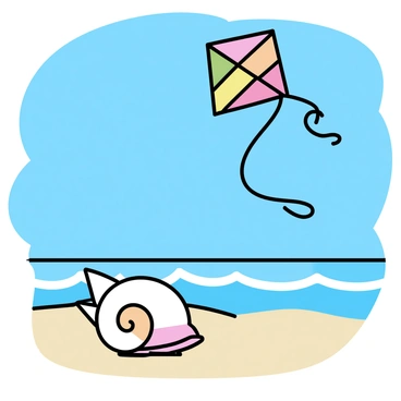 A bright, multi-colored kite soaring high in the clear blue sky. The kite has a diamond shape, displaying vibrant patterns of red, yellow, and green. Below, a detailed conch shell rests on the sandy beach, its spiral structure showcasing a creamy white color with hints of pink and orange. The beach is smooth and light brown, while gentle waves can be seen in the distance, hinting at the ocean beyond.