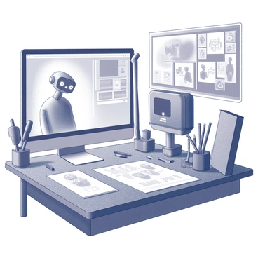 An animation studio filled with various tools and equipment. In the center, there is a large computer monitor displaying a glowing "AI character" on the screen. The character has a sleek design with smooth lines and an expressive face, showing signs of movement as if coming to life. The surrounding workspace is cluttered with sketches and storyboards illustrating different scenes, and a few scattered modeling tools can be seen on the table. The room is filled with creativity, capturing the moment of animation in progress.