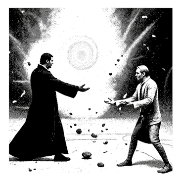 A dramatic alchemy battle is taking place between two skilled alchemists in an open arena. One alchemist is on the left, wearing a long dark robe, with a focused expression, as they channel a swirling mass of energy in their outstretched hands. The other alchemist is on the right, dressed in a lighter outfit, summoning a glowing glyph in front of them. Debris is flying through the air, with fragments of stone and dust swirling around, indicating the force of the energy being unleashed. The background is filled with hints of a chaotic environment, as shadows and shapes appear to distort from the impact of the alchemical powers.