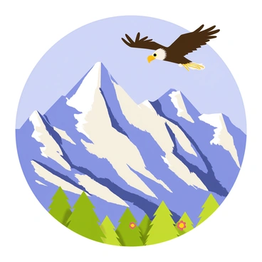 A majestic eagle with a wingspan spread wide is soaring high above a rugged mountain range. The eagle has dark brown feathers with a golden head and beak, gliding gracefully against a clear blue sky. Below, the mountain range features towering peaks capped with white snow and rocky slopes. Green forests blanket the lower elevations, while patches of bright wildflowers add splashes of color to the landscape. The sunlight casts shadows across the mountains, creating a sense of depth and majesty in the scene.