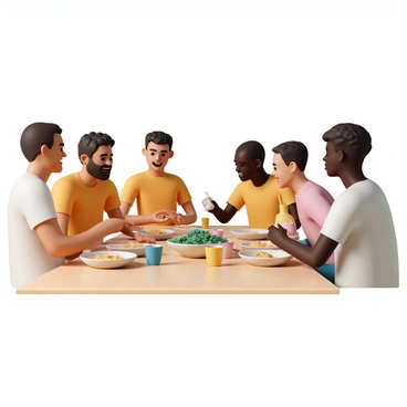 A group of six athletes, wearing bright sports uniforms in various colors, are gathered around a long wooden table. The table is filled with bowls of pasta, vibrant green salad, and an assortment of drinks in colorful cups. The athletes are animatedly discussing their recent game, with one athlete laughing and pointing at another. A couple of them are reaching for the salad, while another is pouring a drink into a cup. The setting is warm and inviting, with soft lighting highlighting the camaraderie and energy of the group.