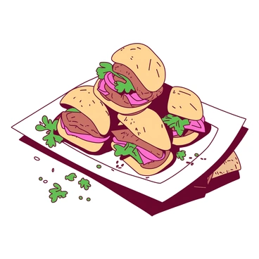 A white plate is filled with several mini banh mi sliders stacked neatly on top of each other. Each slider is made with a small crusty bread roll, with layers of colorful ingredients peeking out. The fillings include slices of bright pink pickled carrots and daikon, fresh green cilantro, and a small portion of grilled meat, all topped with a drizzle of savory sauce. Surrounding the sliders, there are a few scattered sesame seeds and sprigs of cilantro for garnish. The plate is placed on a rustic wooden table, hinting at a lively gathering atmosphere.