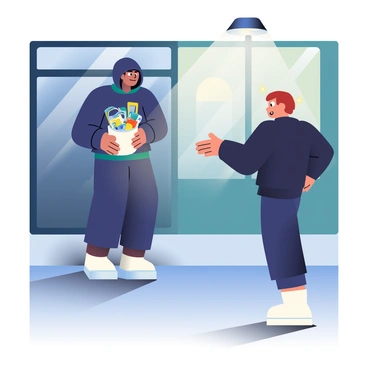 A shady figure in a dark hoodie is standing behind a store, partially obscured by the shadows. This figure has a slender build and is facing another person, who is wearing a black jacket. The dark scene is illuminated by a dim streetlight, casting elongated shadows on the ground. The shady figure is holding a small bag with an open top, from which various shiny objects, including jewelry and electronic devices, are peeking out. The other person has their hands outstretched, ready to receive the stolen goods, with a nervous expression on their face. The store behind them has a faint glow from the windows, hinting at the activities inside.