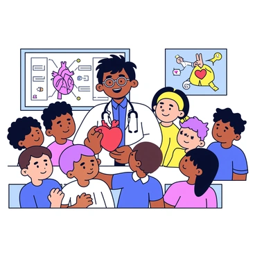 A friendly doctor with short black hair and glasses is smiling as they hold a red heart model in one hand. The doctor is wearing a white lab coat with a stethoscope around their neck. Around the doctor, there are several children of diverse ethnicities, all sitting attentively. Each child has a curious expression on their face, and they are looking up at the doctor. The background features a colorful classroom setting with posters of the human body and diagrams related to heart health. The heart model is prominently displayed, showcasing details like arteries and veins.