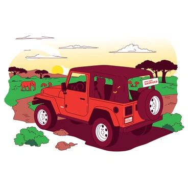A red jeep with a "Just Married" sign attached to the spare tire is parked on a rugged dirt path, surrounded by lush greenery. The jeep's windows are down, and colorful streamers are fluttering in the breeze. In the background, various wildlife can be seen, including a group of elephants walking gracefully and a few zebras grazing nearby. The sun is setting, casting a warm glow over the scene, creating a vibrant atmosphere filled with life and adventure.