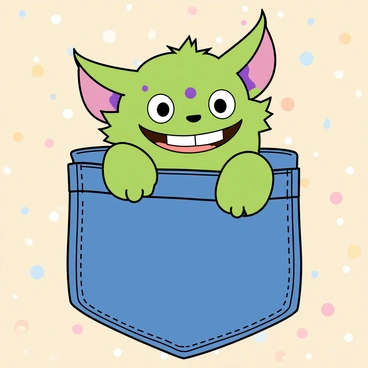 A small, quirky creature with large, round eyes and a wide, toothy grin is peeking out of a blue denim pocket. The creature has bright green fur with purple spots and oversized ears that flop down. Its tiny hands are gripping the edges of the pocket, and its expression is one of curiosity, with its head slightly tilted to one side. The pocket is on a light-colored shirt, and the background features a soft, playful pattern.