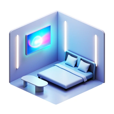 A futuristic chambre with sleek, modern furniture featuring smooth lines and a metallic finish. There is a large, holographic computer display projecting vibrant colors and images in the center of the room. The walls are adorned with subtle lighting accents that add a high-tech ambiance. A minimalist bed with an angular design is positioned against one wall, and a glass table with a unique shape sits nearby. The floor is polished and reflects the room's bright lighting, enhancing the ultra-modern feel of the space.