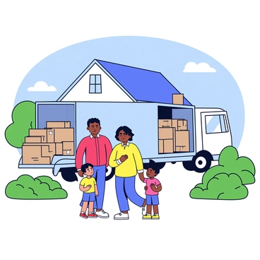 A family of four stands outside their new home, which is a small two-story house with a light blue exterior and white trim. The parents, a father wearing a red shirt and a mother in a yellow dress, have expressions of concern. The two children, a boy and a girl, look at the packed moving truck with uncertainty. The moving truck is large and parked on the driveway, filled with cardboard boxes and furniture visible in the back. Lush green grass surrounds the house, and a clear blue sky provides a bright backdrop.