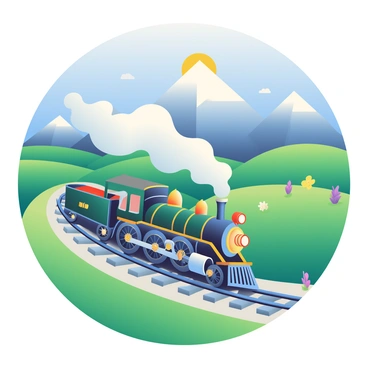 A vintage steam train is chugging along a winding track through a picturesque landscape. The train is adorned with dark green and gold details, and it is billowing clouds of white steam into the air. Rolling hills covered in lush green grass surround the train, interspersed with colorful wildflowers in shades of yellow and purple. In the distance, tall mountains capped with snow rise against a clear blue sky. A bright sun casts a warm glow over the scene, highlighting the train's shiny metal and the vibrant colors of the landscape.