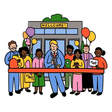 A ribbon-cutting ceremony is taking place with a diverse group of community members and a politician. The politician has light skin and is wearing a blue suit with a red tie, holding a pair of scissors ready to cut the shiny red ribbon. Surrounding the politician are smiling community members of various ages and backgrounds, some holding balloons and banners that say "Welcome!" in bright colors. In the background, there is a newly opened building with large windows and a welcoming entrance, decorated with flowers and greenery.