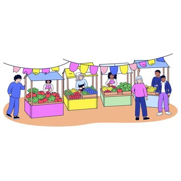 A farmer's market scene featuring several colorful stalls made of wood. Each stall is filled with fresh fruits and vegetables, including bright red tomatoes, leafy greens, and yellow corn. Hanging above the stalls is rustic bunting, made of fabric in a variety of colors, gently flapping in the breeze. Customers can be seen browsing the produce and chatting with vendors. The ground is covered in light brown dirt, suggesting an outdoor setting.