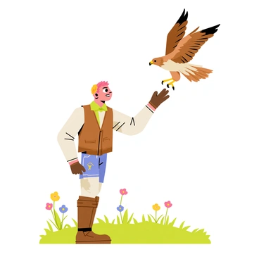 A dwarf falconer with a short stature stands wearing a brown leather vest and sturdy boots. They have a focused expression as they prepare to release a majestic hawk from their gloved hand. The hawk, with vibrant brown and cream feathers, is poised and ready to take flight. The falconer's hand is raised, and the sunlight glimmers on the bird's wings as it begins to soar into the clear blue sky. In the background, green grass and a few scattered colorful wildflowers create a natural setting, enhancing the atmosphere of this dynamic moment.