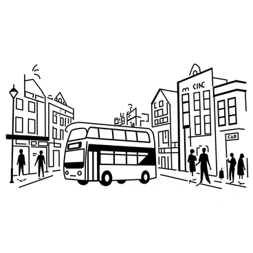 A classic double-decker bus is driving along a busy English street. The bus is prominently positioned in the foreground, showcasing its distinct shape and features. Various pedestrians are walking on the sidewalk, with some stopping to look at the bus. Traditional brick buildings line the street, with shopfronts displaying signs and window displays. A street lamp stands on the corner, and a few trees are visible along the road. The scene captures the hustle and bustle of the city with people interacting and moving about.