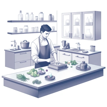 A chef stands at a modern kitchen counter equipped with various high-tech appliances and tools. The chef is wearing a professional apron and is carefully measuring ingredients with precision using a digital scale. In front of the chef, a molecular gastronomy setup includes items like liquid nitrogen containers and a siphon for creating foams. Various fresh ingredients are neatly arranged around the workspace, including herbs and vibrant vegetables. The kitchen features stainless steel surfaces, bright LED lights, and sleek cabinetry, creating a clean and organized environment for culinary experimentation. An array of glassware and test tubes is visible, indicating the use of scientific techniques in the cooking process.