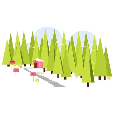 A Christmas tree farm featuring rows of green trees dusted with white snow. The trees are perfectly shaped and vary in size, creating a beautiful, uniform display. In the background, a clear blue sky can be seen, adding contrast to the scene. Scattered throughout the farm are red wooden signs indicating different types of trees available for selection. A small wooden shed, painted red with a white roof, is situated at the edge of the farm, decorated with festive garlands. A path made of packed snow winds through the trees, inviting visitors to explore the farm.