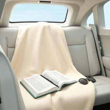 A backseat of a car, featuring a soft, plush, cream-colored blanket draped across the seat. An open book lies on the blanket, revealing its pages filled with text and illustrations. The interior is well-lit, highlighting the texture of the blanket and the details of the book. A pair of sunglasses rests nearby, adding a touch of casual comfort to the scene. Sunlight filters in through the window, casting gentle shadows across the backseat.