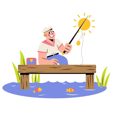 Popeye, the cartoon sailor with a muscular build and signature sailor hat, is sitting on a weathered wooden dock. He has a fishing rod in hand, and a content smile on his face. The fishing rod is cast into the sparkling blue water below, while a small tackle box is placed beside him on the dock. Surrounding the dock are green reeds and a few colorful fish swimming near the surface of the water, creating a lively scene. A bright sun shines in the clear blue sky above, casting a cheerful light over the joyful moment.