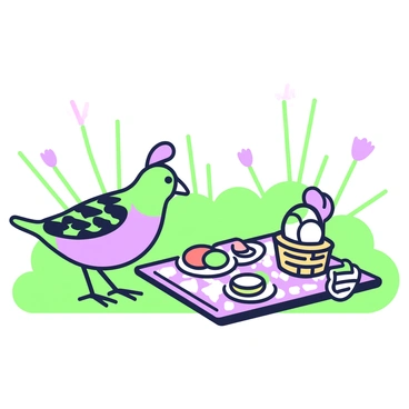 A California quail is curiously approaching a picnic spread on the grass. The quail has a distinct feather pattern with a rounded crest on its head. In front of the quail, the picnic spread is laid out with a checkered blanket. There are various items on the blanket, including a wicker basket, several plates with sandwiches and fruit, and a bottle of water. The surrounding grass is lush and green, and a few wildflowers can be seen in the background.