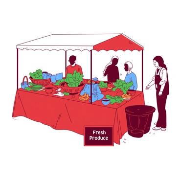 A farmers market stall with fresh vegetables and handmade goods on display