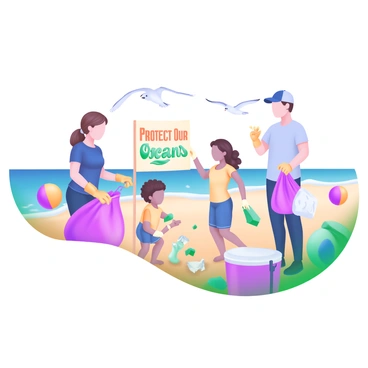 A modern pastel illustration showing a group of diverse volunteers working together to clean up a local beach. The scene features several individuals, including a woman with brown hair in a ponytail and a man with a baseball cap, both wearing gloves and collecting litter in bags. A child with curly hair is picking up small pieces of trash near the shore, while another adult is holding a sign that reads "Protect Our Oceans" in bold letters. In the background, gentle waves lap against the sandy beach, and seagulls can be seen flying in the sky. Bright, colorful beach balls and a cooler are placed nearby, adding a lively atmosphere to the scene.