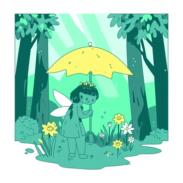 A teal tiny fairy with delicate wings is standing beneath an oversized yellow daffodil, using it as an umbrella to shield herself from a light drizzle. The fairy has sparkling features, with a small crown made of twinkling dew drops. Surrounding her is a magical forest filled with towering trees whose leaves shimmer in the soft light. Various bright flowers in the background add to the enchanting atmosphere, while soft beams of light filter through the canopy above, creating a whimsical scene.