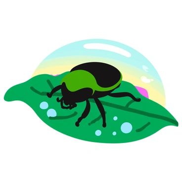 A "Hercules beetle" with a shiny green and black shell is perched on a "leaf" with rich green hues. The leaf features intricate veins and a slightly curled edge. Surrounding the beetle are numerous "sparkling dewdrops" that catch the light, creating a glistening effect. The background shows soft hints of a dawn sky with gentle pastels, providing a calm atmosphere for the scene. The overall composition highlights the beauty of nature at the break of day.