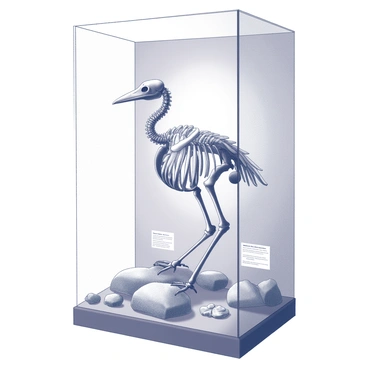 A bird skeleton displayed in a natural history museum exhibit
