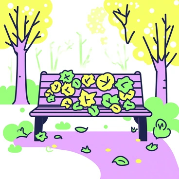 A bench covered in colorful autumn leaves in a forest path