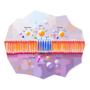 A microscopic view depicting facilitated diffusion in action, showcasing a cell membrane with a phospholipid bilayer. The membrane proteins are illustrated as integral proteins embedded within the bilayer, facilitating the movement of molecules. Various molecules, such as glucose and ions, are shown crossing the membrane through these proteins. Each component is clearly labeled, with arrows indicating the direction of movement across the membrane. The background features a detailed representation of the intracellular and extracellular environments, enhancing the educational aspect of the illustration.