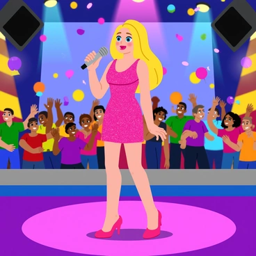 A blonde Barbie wearing a shimmering pink dress stands confidently on a stage, holding a silver microphone in one hand. The stage is adorned with colorful spotlights shining down, creating a vibrant atmosphere. Surrounding her, a diverse group of cheering fans can be seen, raising their arms in excitement. Balloons and confetti fill the air, adding to the festive mood of the performance. The background features large speakers and banners with "Live Show!" written in bold letters.
