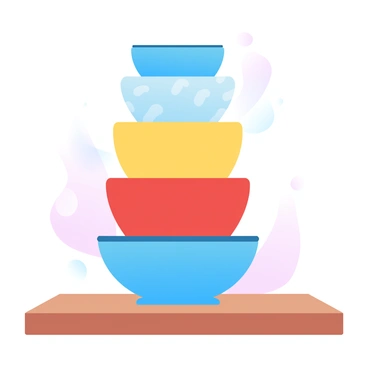 A collection of dog bowls in various bright colors is stacked neatly on a wooden shelf. The bowls are of different sizes and shapes, showcasing a variety of patterns. Each bowl features a distinct color, including vibrant blues, yellows, and reds. The wooden shelf has a smooth finish and is positioned against a soft pastel gradient background, enhancing the vividness of the bowls. The arrangement is tidy, with the largest bowl on the bottom and smaller bowls resting on top, creating an organized and cheerful display.