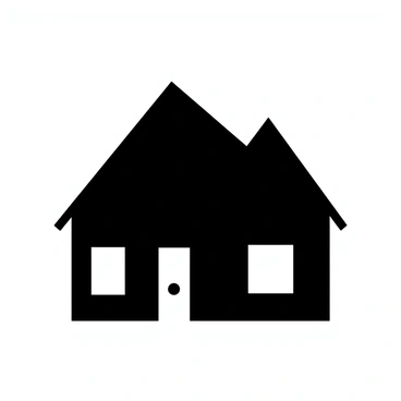 A silhouette of a house is centered in the image. The house has a triangular roof and a rectangular body, with a single door and a window on each side. The details of the house are minimal, emphasizing its shape and structure. The background is plain, providing a stark contrast to the black silhouette of the house.