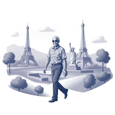 A figure resembling "Nelson Mandela" is walking through a diverse landscape filled with various "iconic global landmarks." In the foreground, there are recognizable structures such as the "Eiffel Tower," "Great Wall of China," and "Statue of Liberty." The background showcases rolling hills and trees that frame the scene. The sky above is clear with a few scattered clouds. Mandela is depicted wearing a patterned shirt and sunglasses, smiling as he strolls confidently, creating a sense of connection with the landmarks around him.